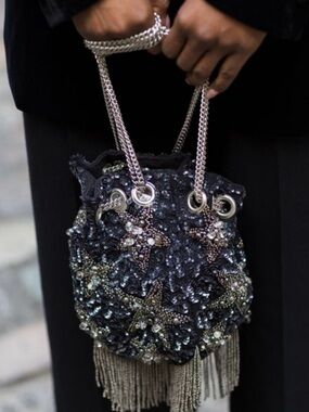 Zara Stars sequin Beaded Bucket Formal bag Drawstring Black